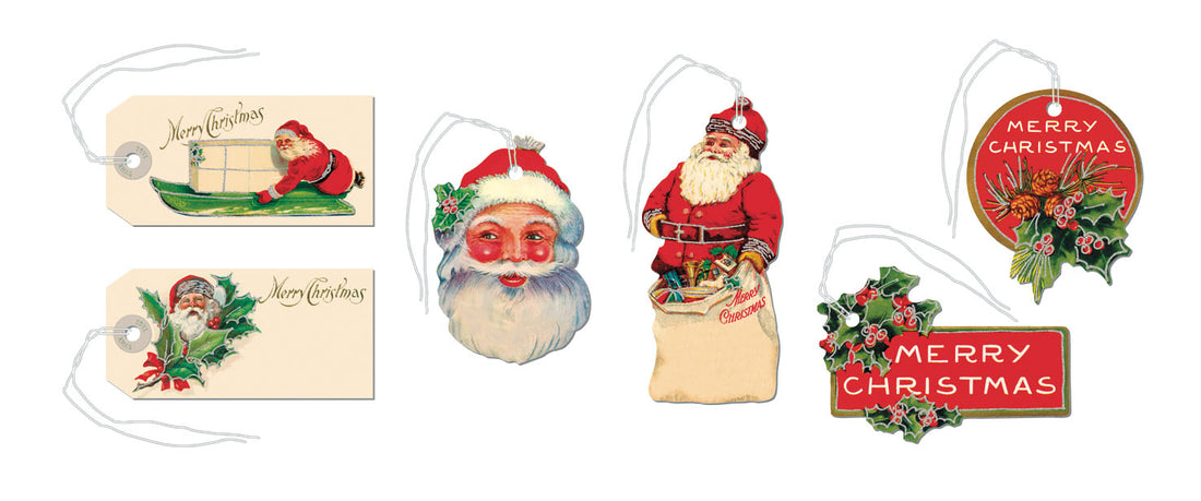 Collection of vintage-style Christmas gift tags featuring Santa Claus and festive text.