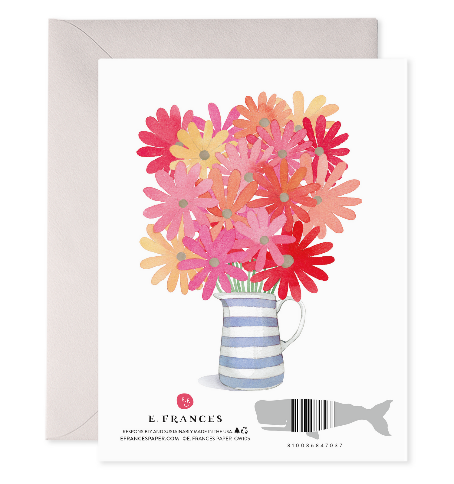 back of card with illustration of blue &amp; white stripe pitcher holding flowers of various shades of pinks &amp; reds