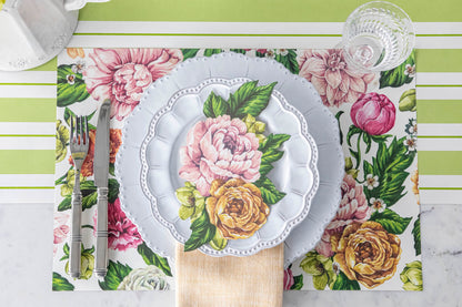 The Garden Cascade Placemat under an elegant place setting, from above.