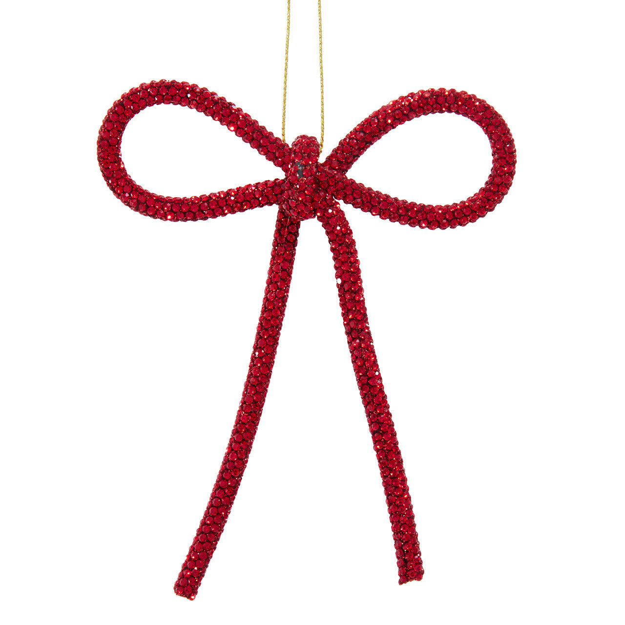 Red decorative bow ornament on a white background.