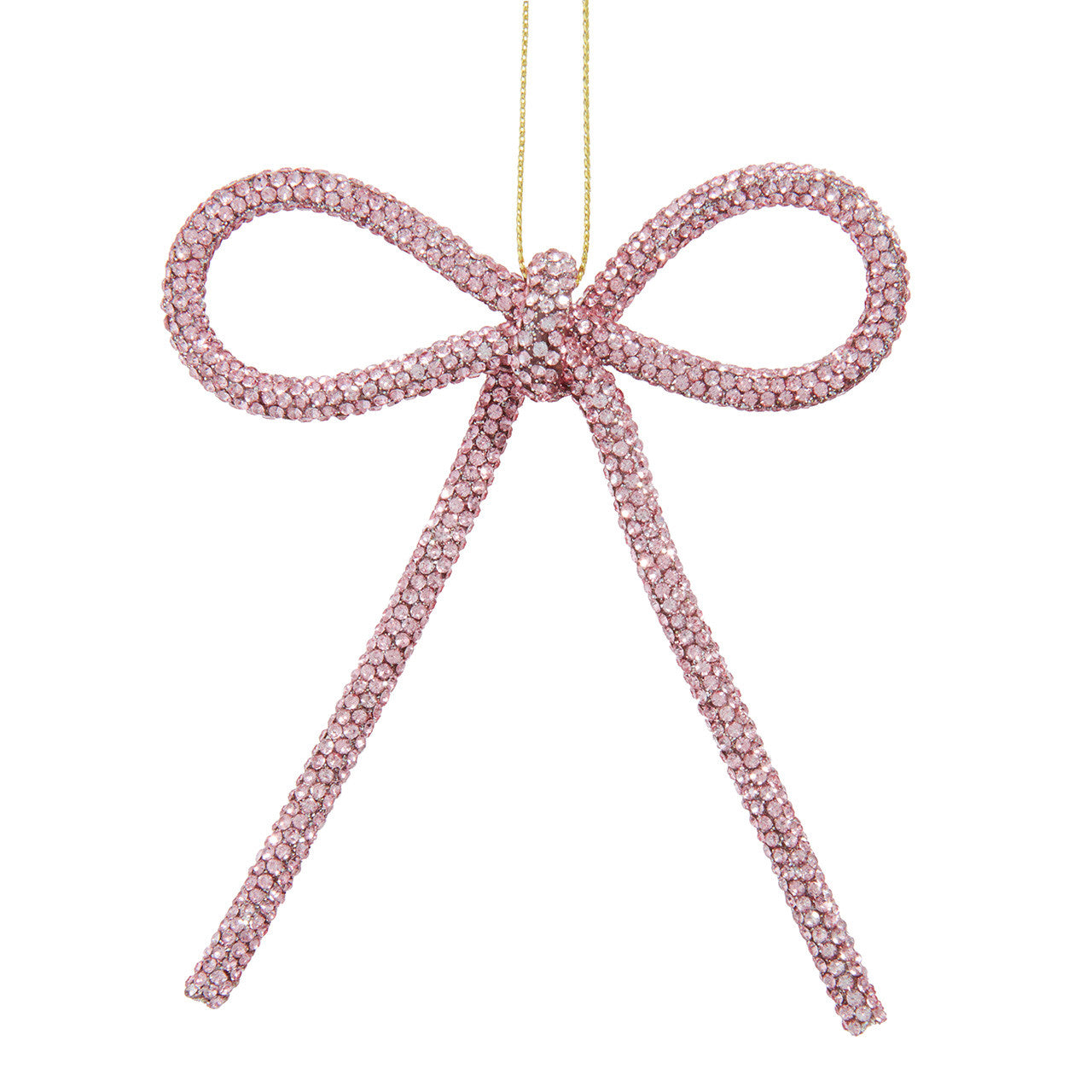 Pink beaded bow ornament on a white background.