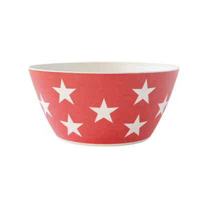 10&quot; round, red with white stars serving bowl on white background.