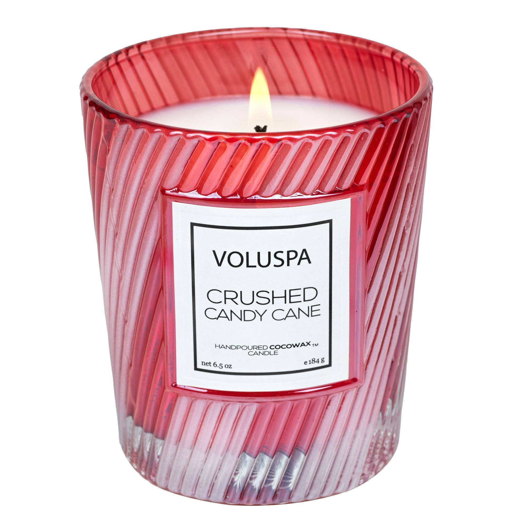 Red and white candy striped glass candle