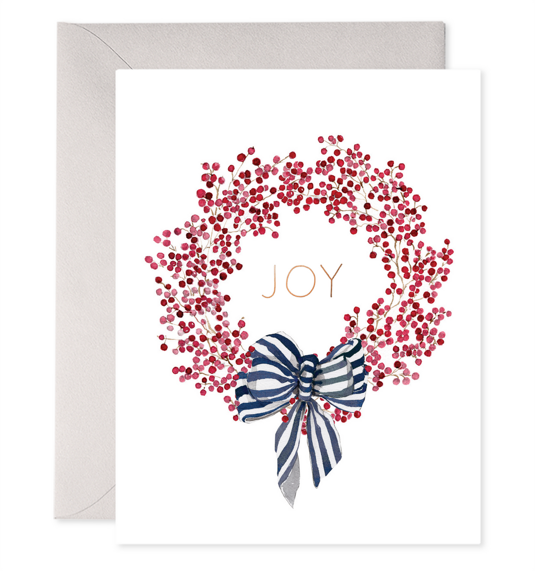 Front of card with illustration of a red berry wreath with a blue &amp; white striped ribbon tied to the bottom.  Joy is written in gold foil in the middle. 