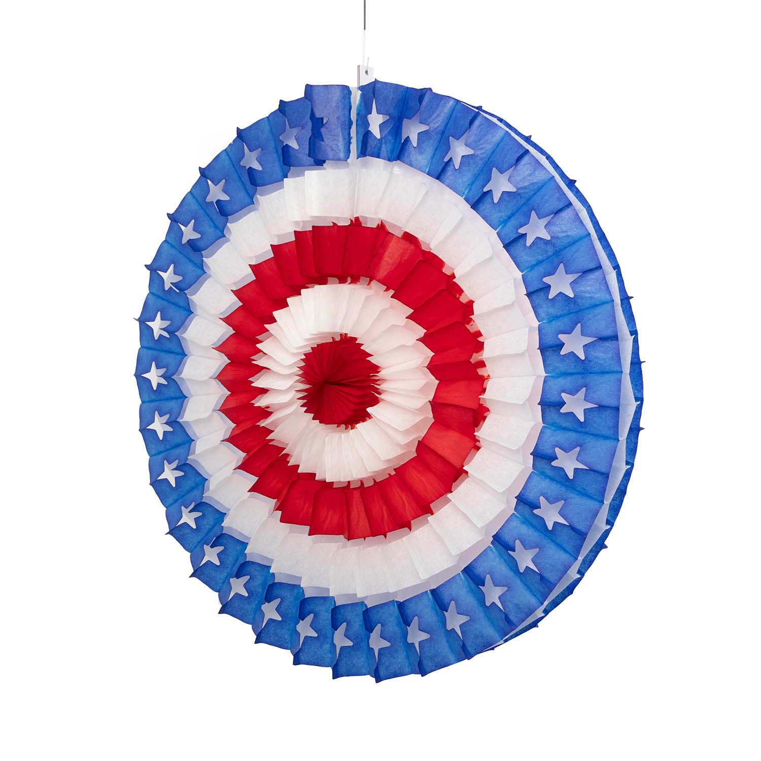 A patriotic party table set up with red, white, and blue Hester &amp; Cook Patriotic Star Fan decorations.