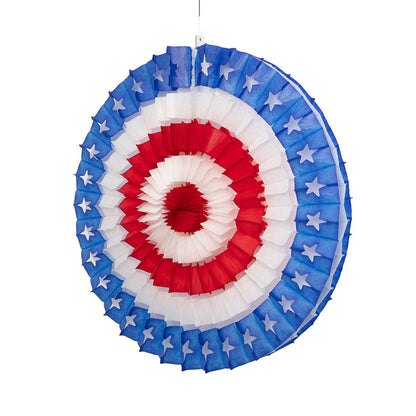 A patriotic party table set up with red, white, and blue Hester &amp; Cook Patriotic Star Fan decorations.