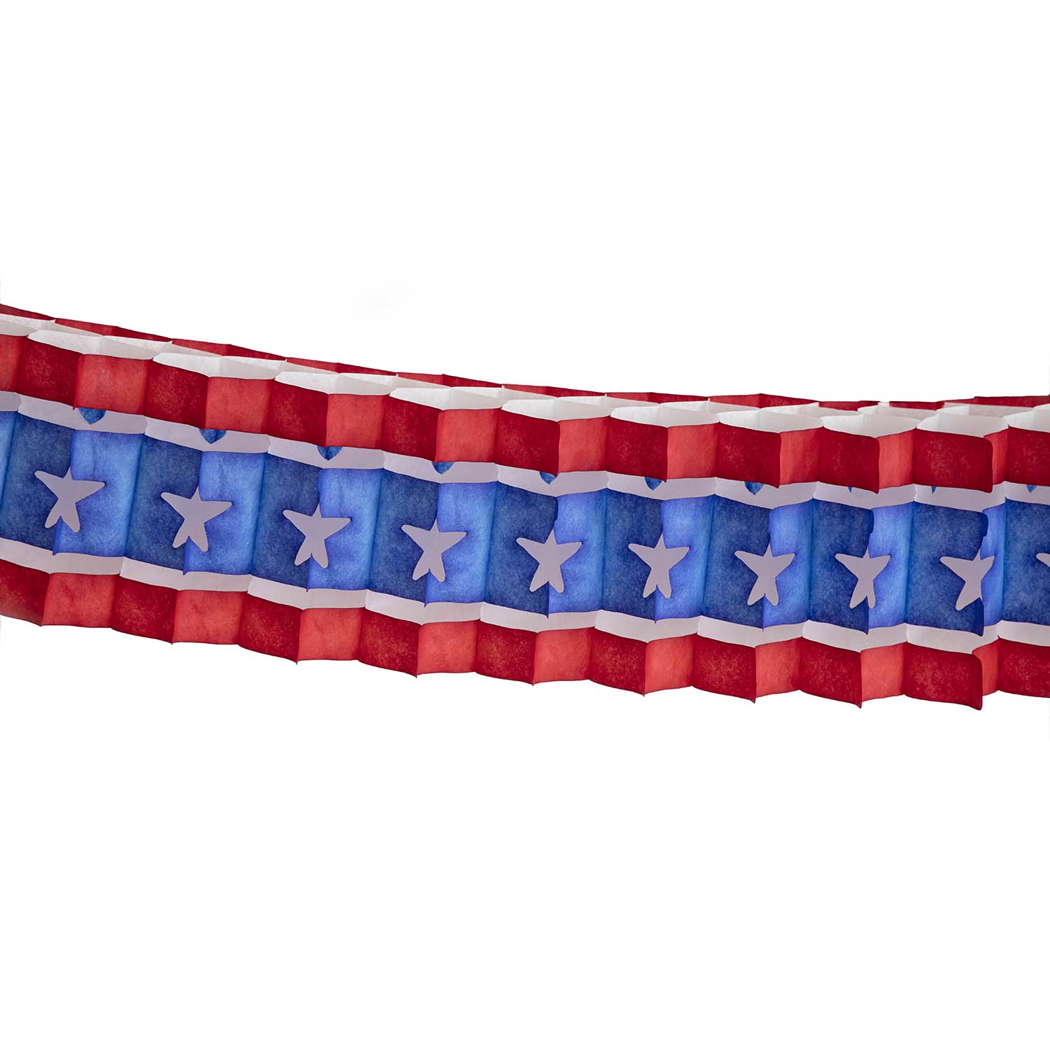 A Hester &amp; Cook Patriotic Star Garland with blue and red stripes on a white background.
