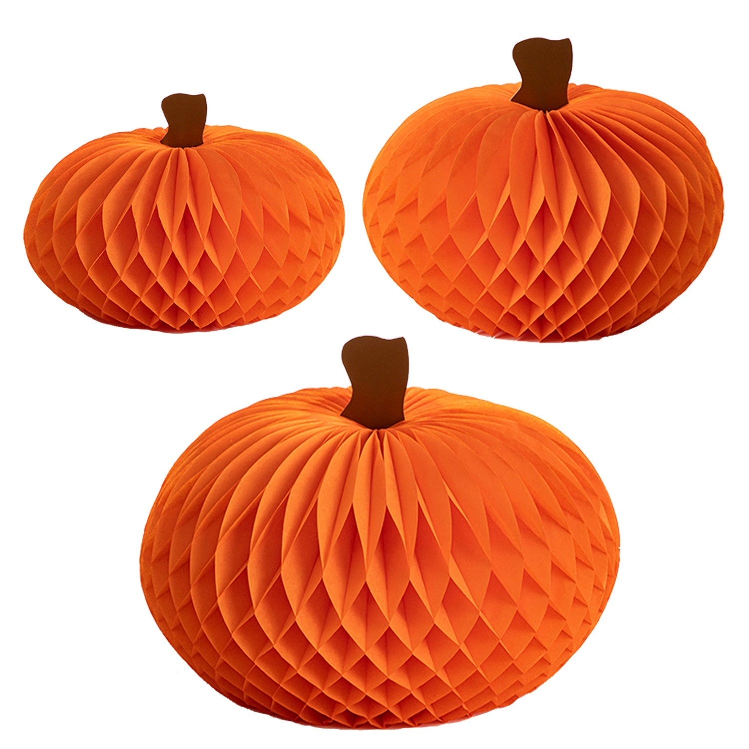 3.93&quot;, 7.87&quot; &amp; 13&quot; orange honeycomb paper pumpkins with brown paper stems, against a white background.