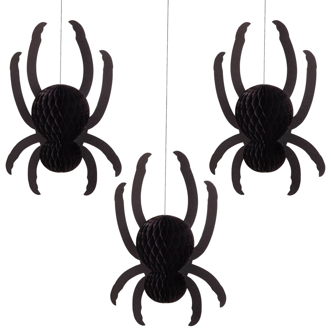 3, 3.5" black honeycomb paper spider bodies with paper legs, hanging from a black string, on a white background.