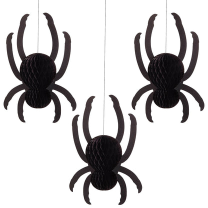 3, 3.5&quot; black honeycomb paper spider bodies with paper legs, hanging from a black string, on a white background.