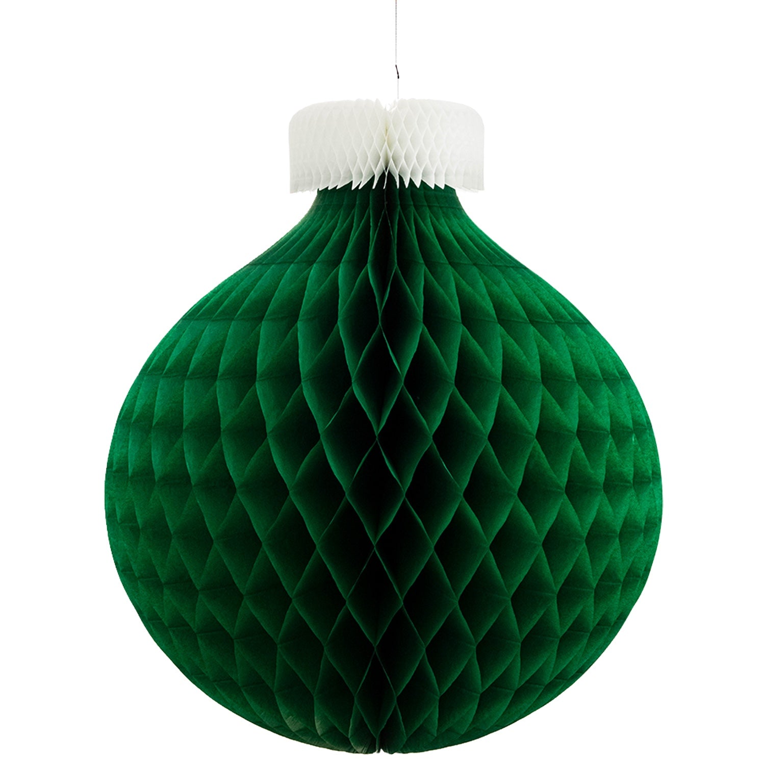 A 26&quot; Honeycomb Large Classic Ornament in green with a white top, hanging.