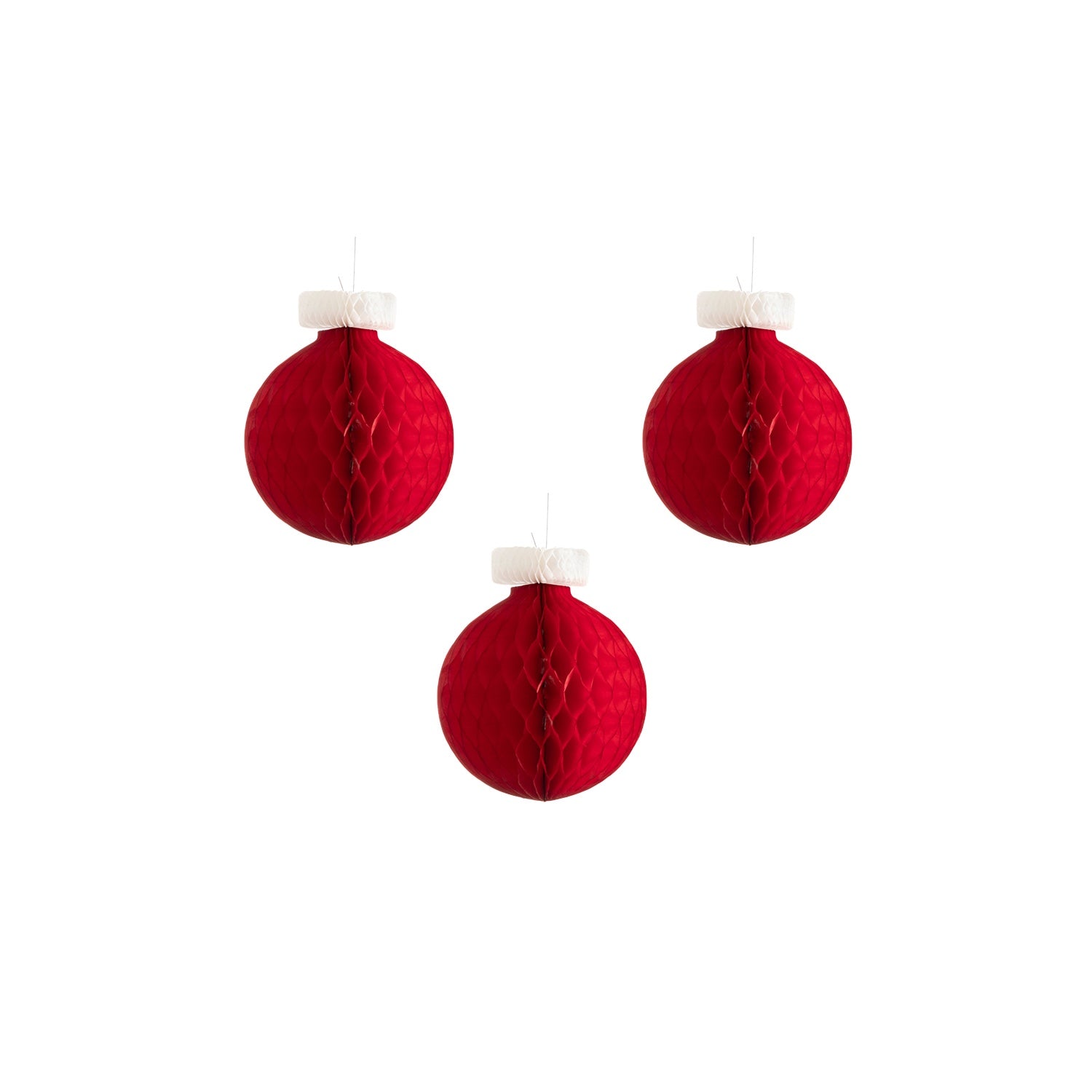 Honeycomb Small Classic Ornament Set of 3 in red, hanging.