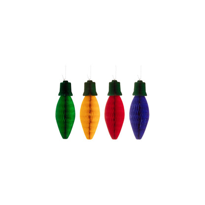 Honeycomb Christmas Lights Set of 4 with green, gold, red and blue bulbs and a green top.