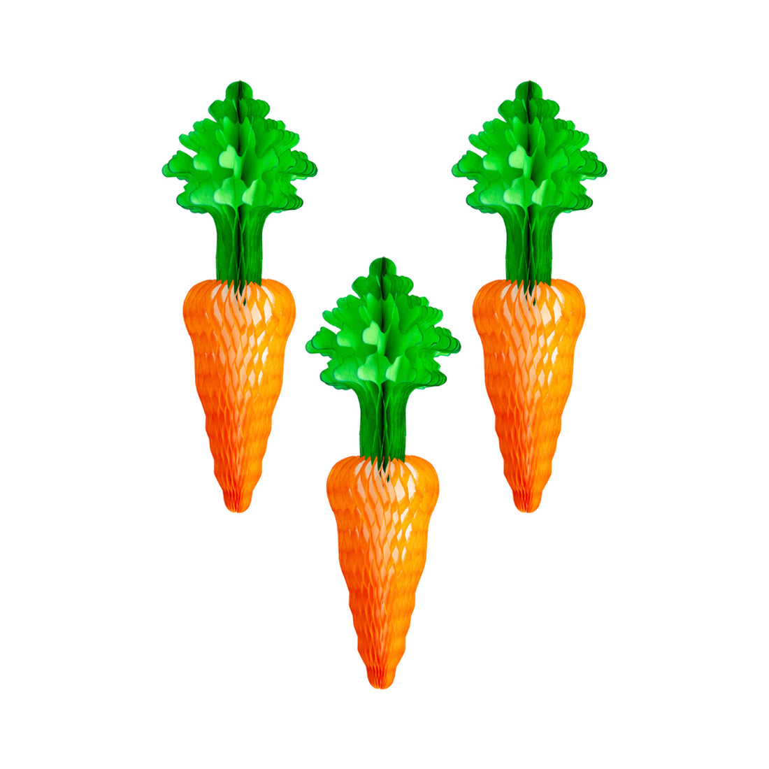 Three carrot-shaped honeycombs with green tops on a white background.