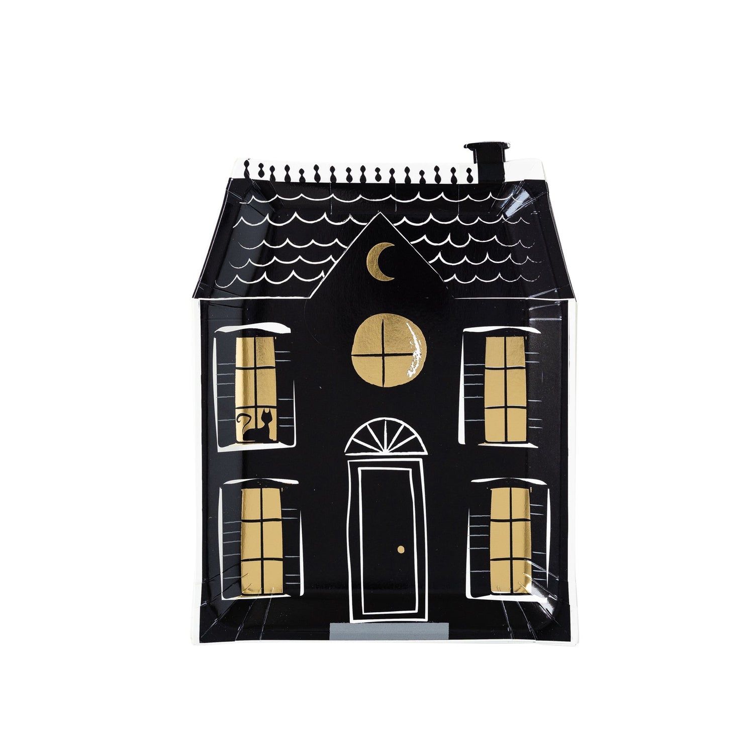 Black with gold foil windows, haunted house shaped paper plate featuring a black cat in the window.