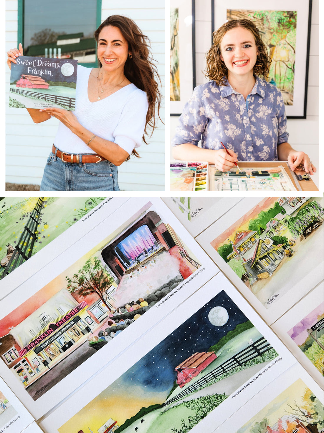A collage showing two women holding and working with watercolor art, with several colorful landscape paintings and prints spread out below. The top-left panel shows one woman holding a book titled &
