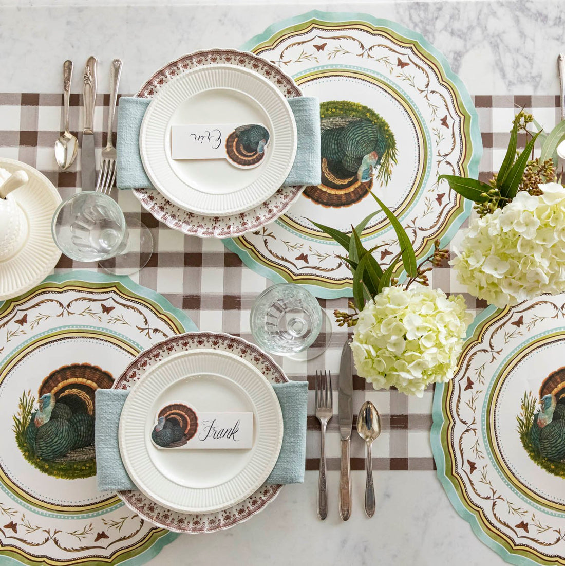 Die-cut Heritage Turkey China Placemat elegant tablescape with flowers.