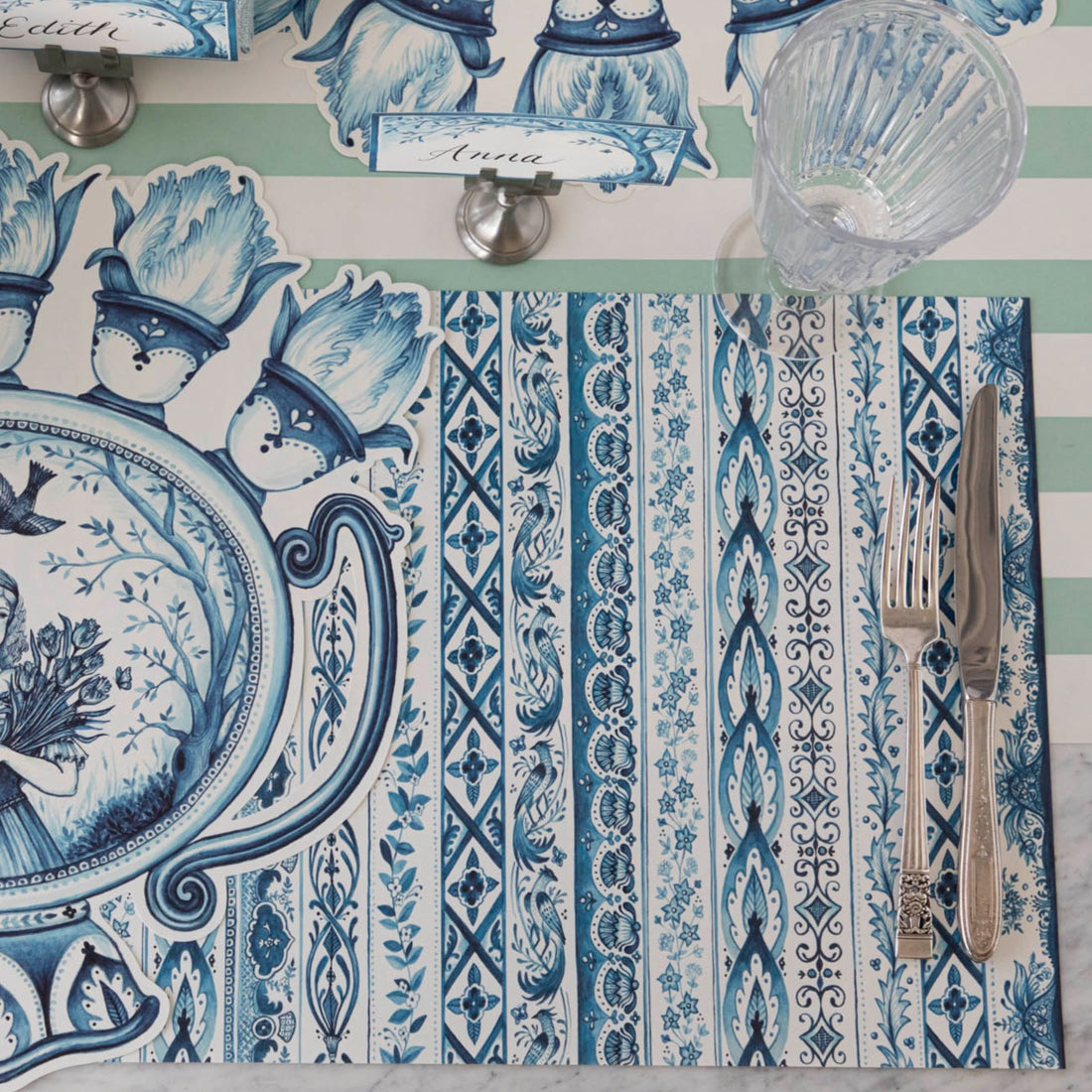 A table setting with beautiful Indigo Chintz placemats by Hester &amp; Cook.