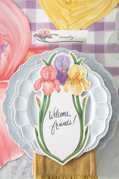 A plate with beautiful flowers on it can be a perfect addition to your Hester &amp; Cook Iris Table Card or menus. The colorful blossoms captivate the eye, making this dish label an attractive choice for any occasion.