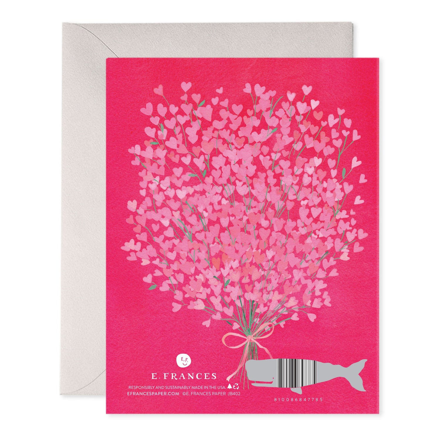 Card with pink heart bouquet design and E. Frances branding on a white background.