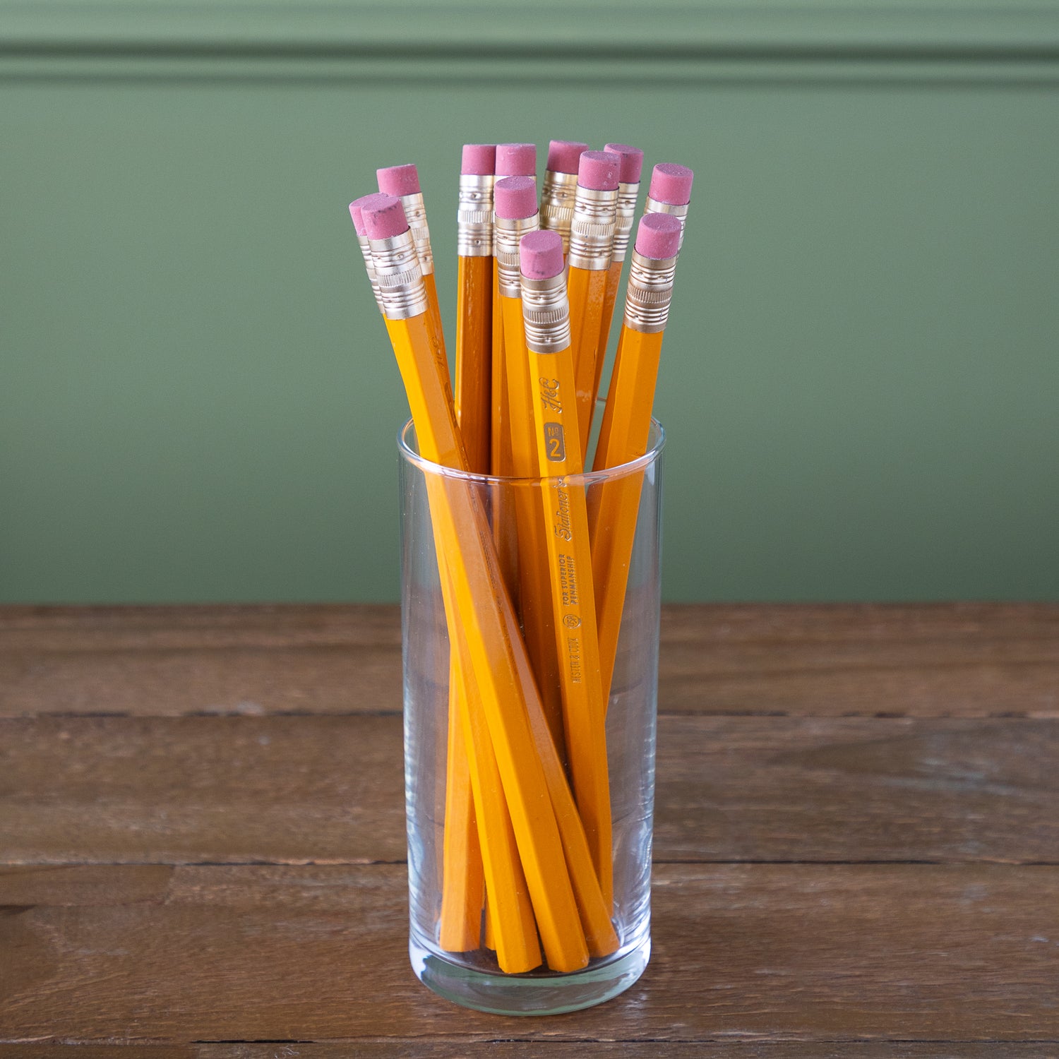 Jumbo Yellow Hex pencils in a glass cup.