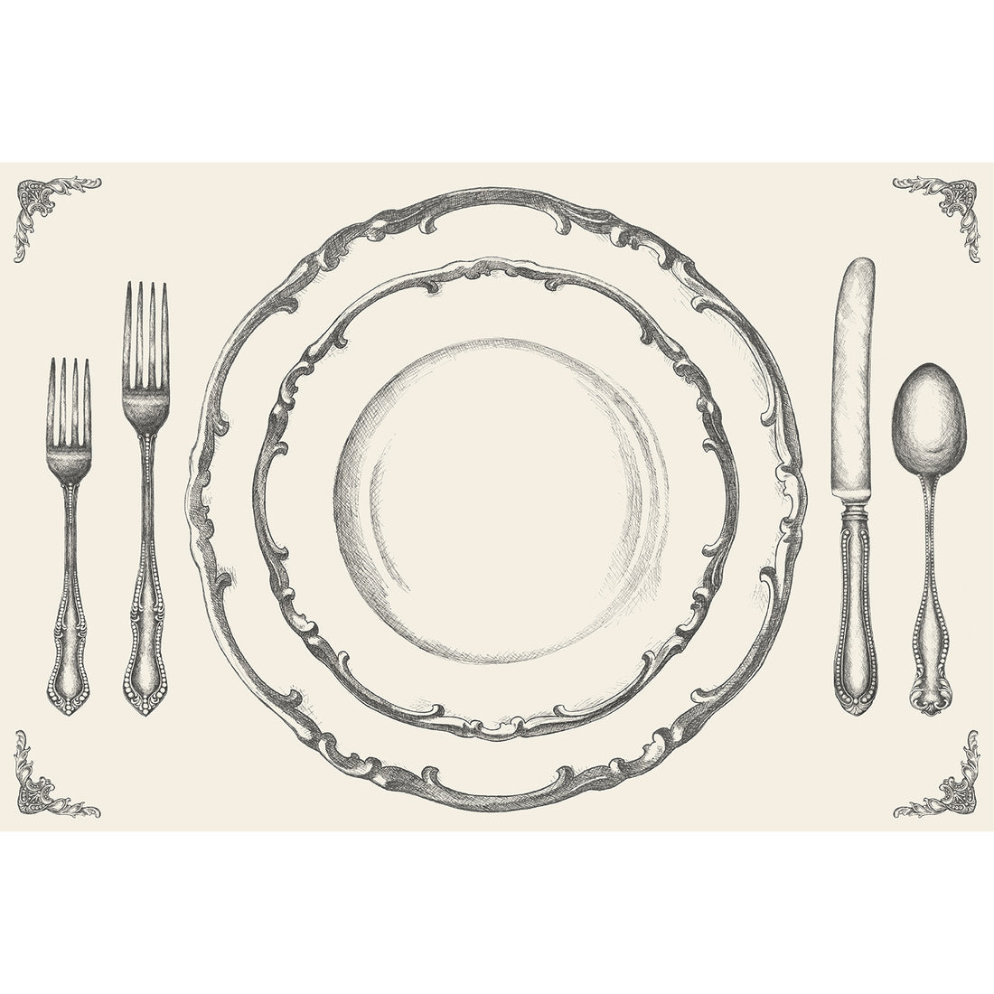 A monochrome grey, engraving-style illustration of a place setting with two plates, two forks, a knife and spoon, with a small embellishment in each corner, on a cream background.