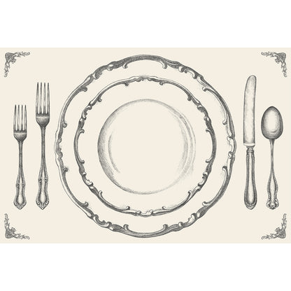 A monochrome grey, engraving-style illustration of a place setting with two plates, two forks, a knife and spoon, with a small embellishment in each corner, on a cream background.