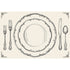 A monochrome grey, engraving-style illustration of a place setting with two plates, two forks, a knife and spoon, with a small embellishment in each corner, on a cream background.