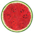 A circular die-cut illustration depicting the cross-section of a ripe watermelon, with green and white rind around the edge, and juicy red fruit speckled with black seeds in the middle.