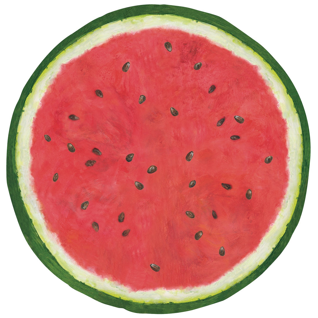A circular die-cut illustration depicting the cross-section of a ripe watermelon, with green and white rind around the edge, and juicy red fruit speckled with black seeds in the middle.