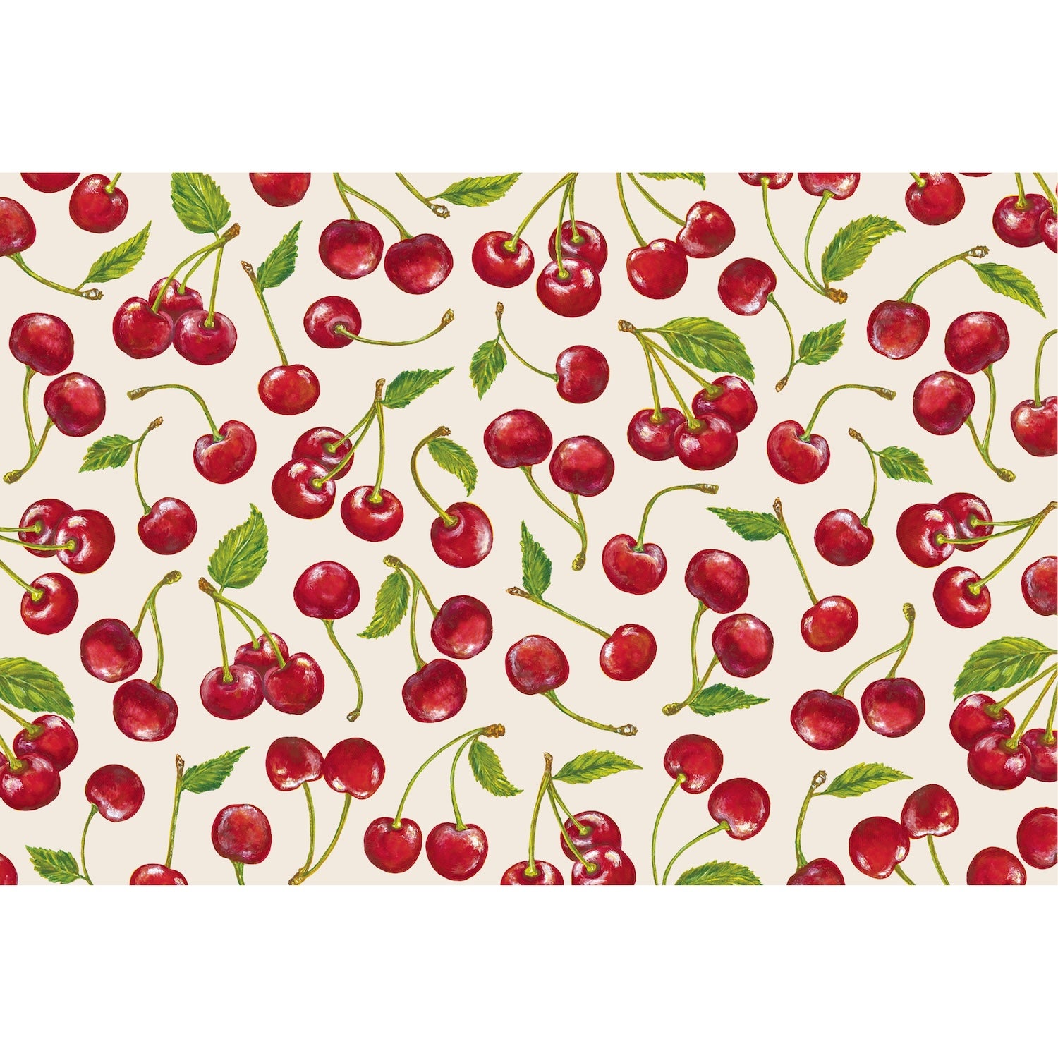 Pattern of red cherries with green leaves on a white background.