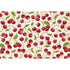 Pattern of red cherries with green leaves on a white background.