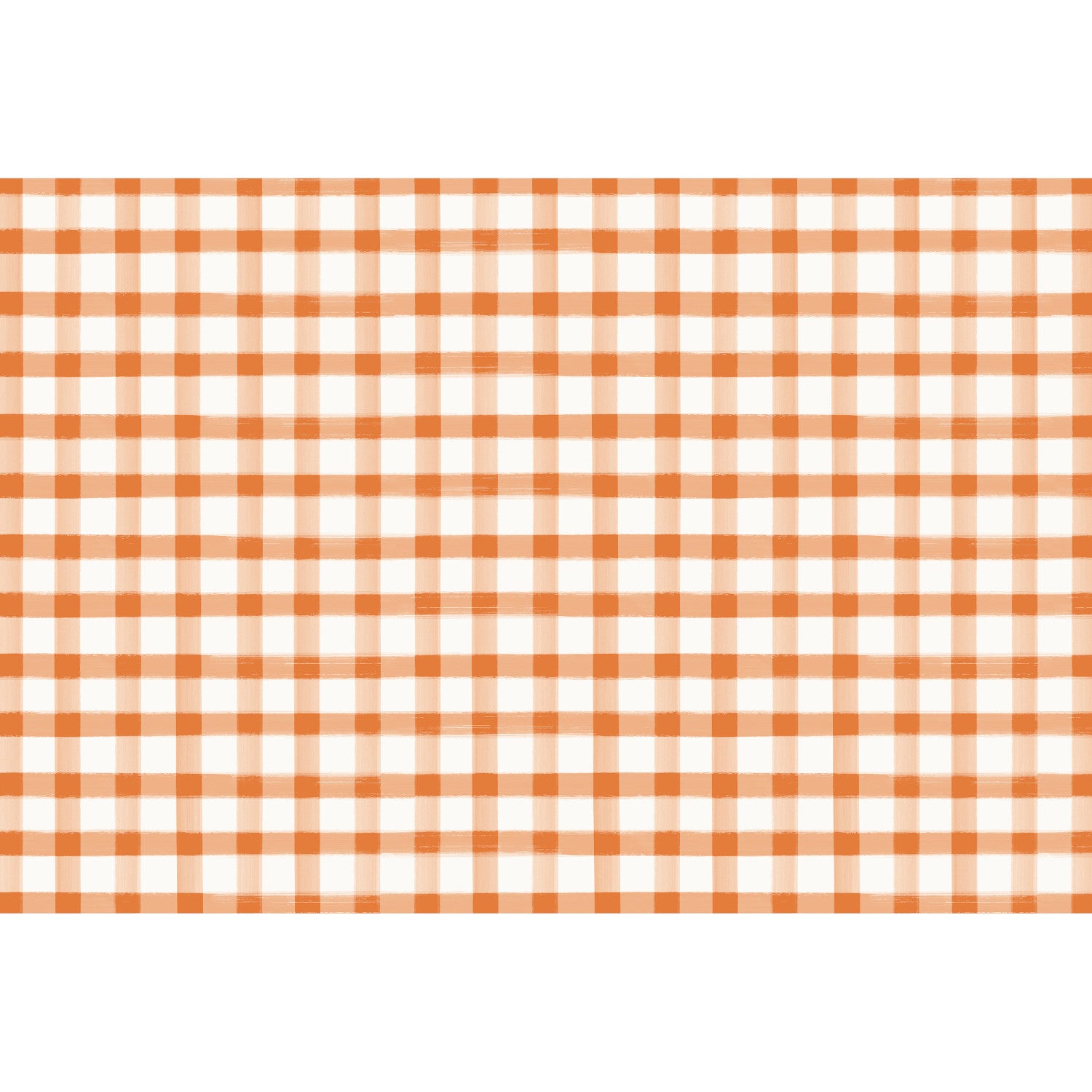 A painted gingham grid check pattern made of light orange lines intersecting at deep orange squares, on a white background.