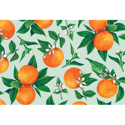 An illustrated scatter of vibrant oranges with green leaves and white blossoms, over a mint green background.