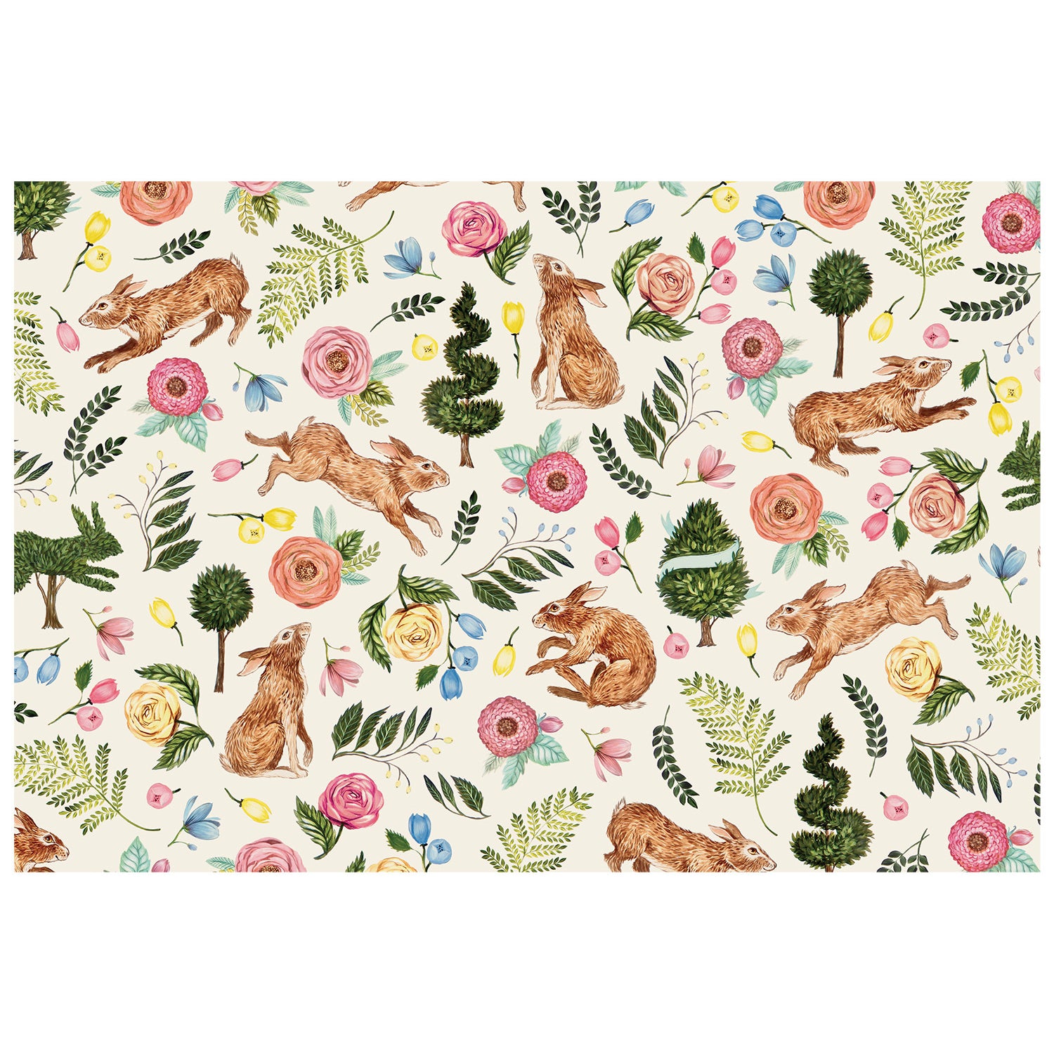 An illustrated scatter of brown bunnies,  pink, blue and yellow flowers and foliage, and rich green topiary over a white background.