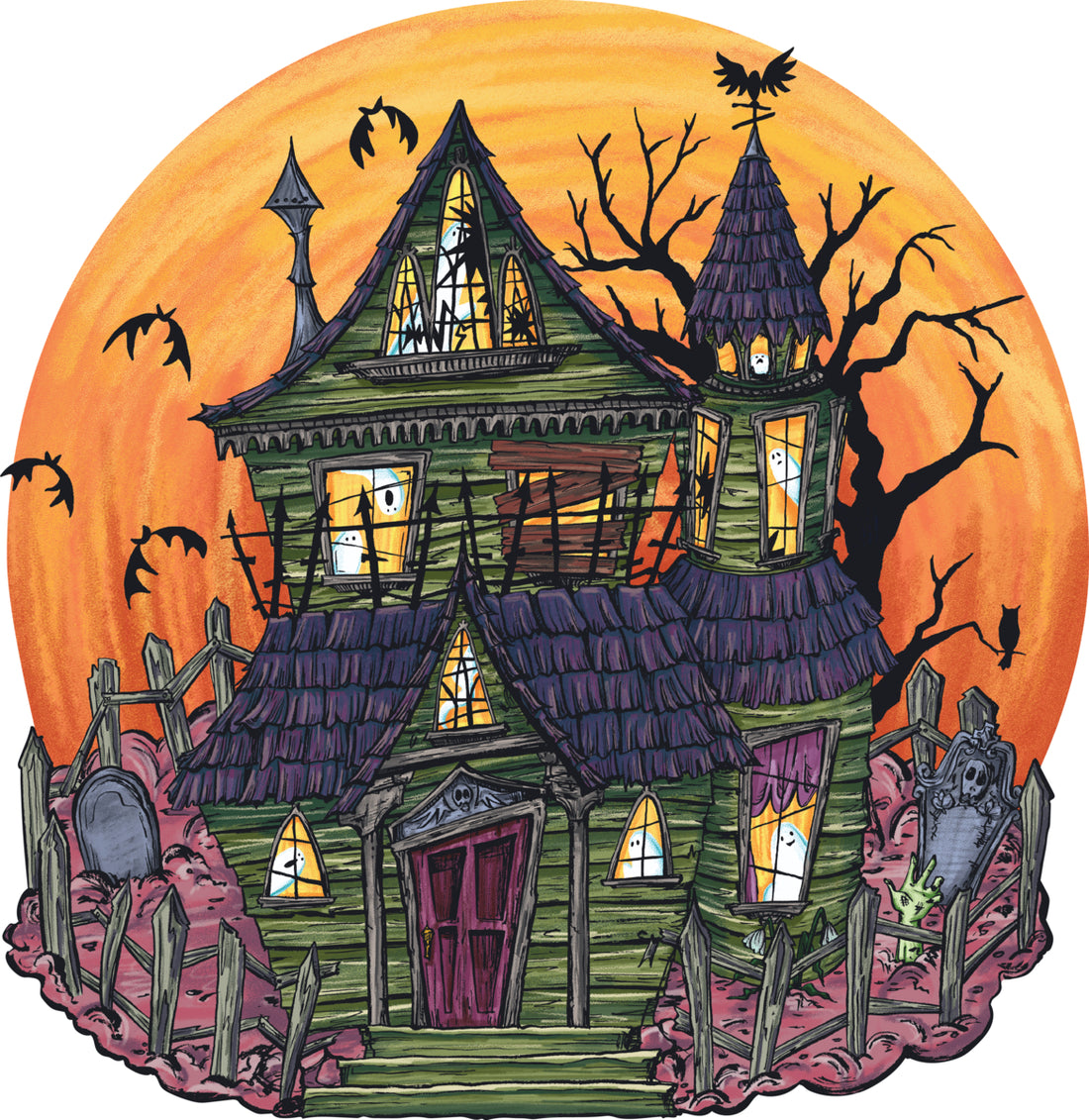 A zany, spooky illustration of a dilapidated, green haunted house surrounded by a graveyard, with a big yellow-orange full moon in the background spotted with flying bats.