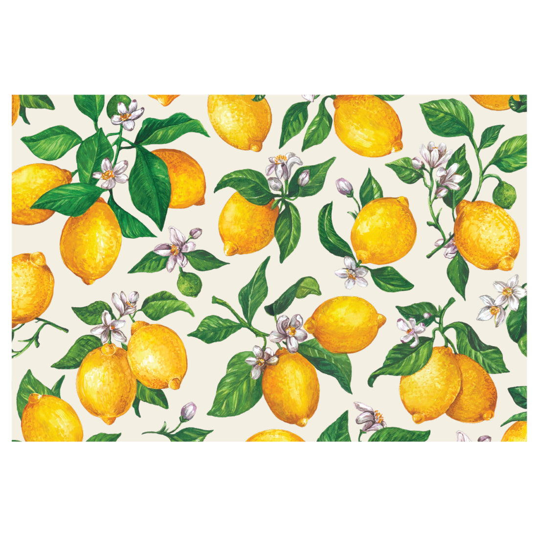 An illustrated scatter of vibrant yellow lemons with green leaves and white blossoms, over a white background.