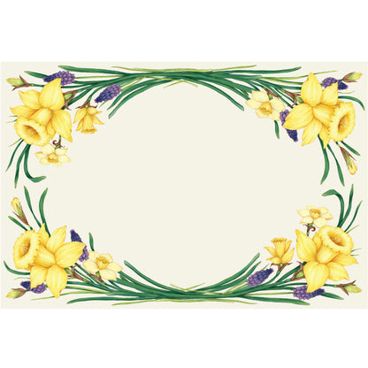 Paper placemat with symmetrical yellow daffodils and green foliage framing the top and bottom of the white background.