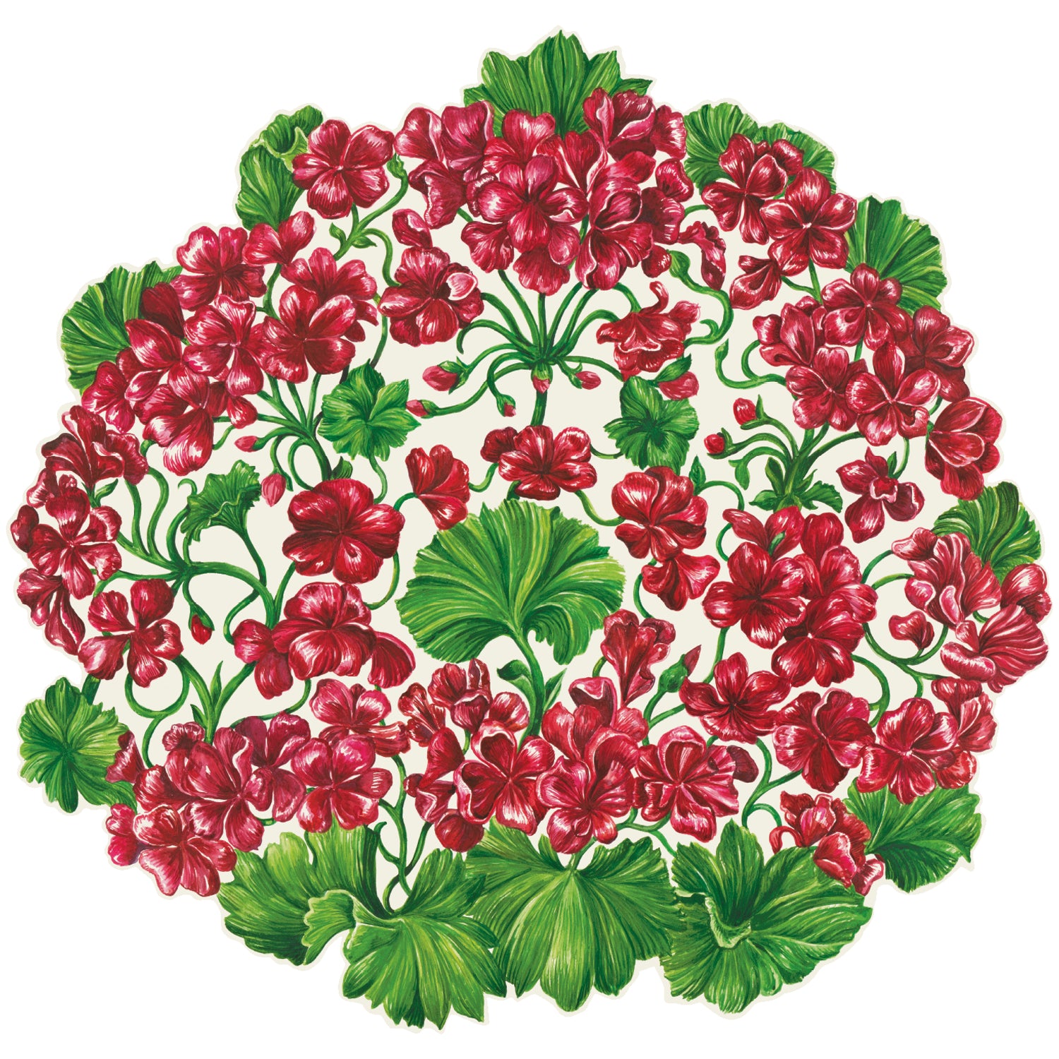 Hester &amp; Cook Die-Cut Geranium Placemat featuring red geraniums in a circle, perfect for summer florals.