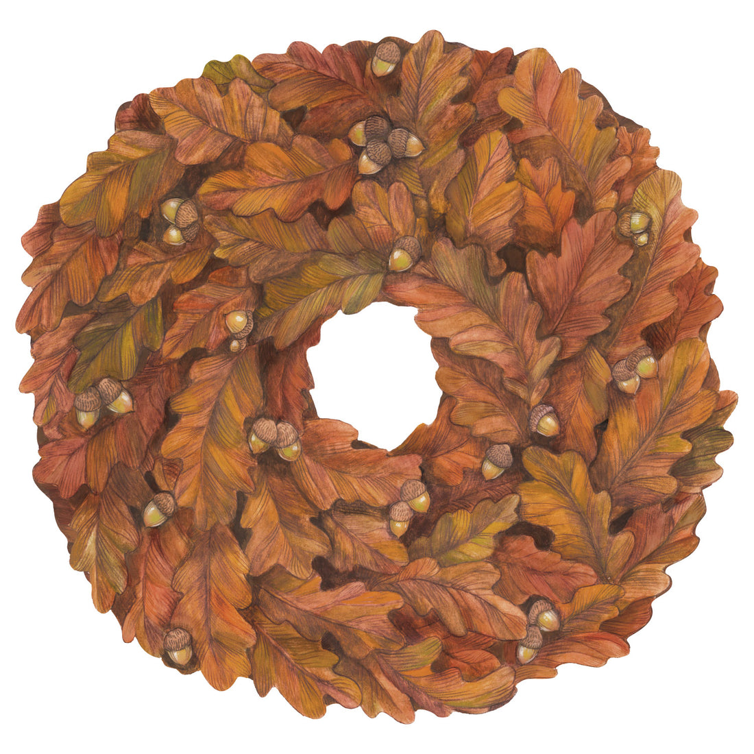 An illustrated, dense wreath of brown and orange oak leaves and acorns, with a white space in the center.