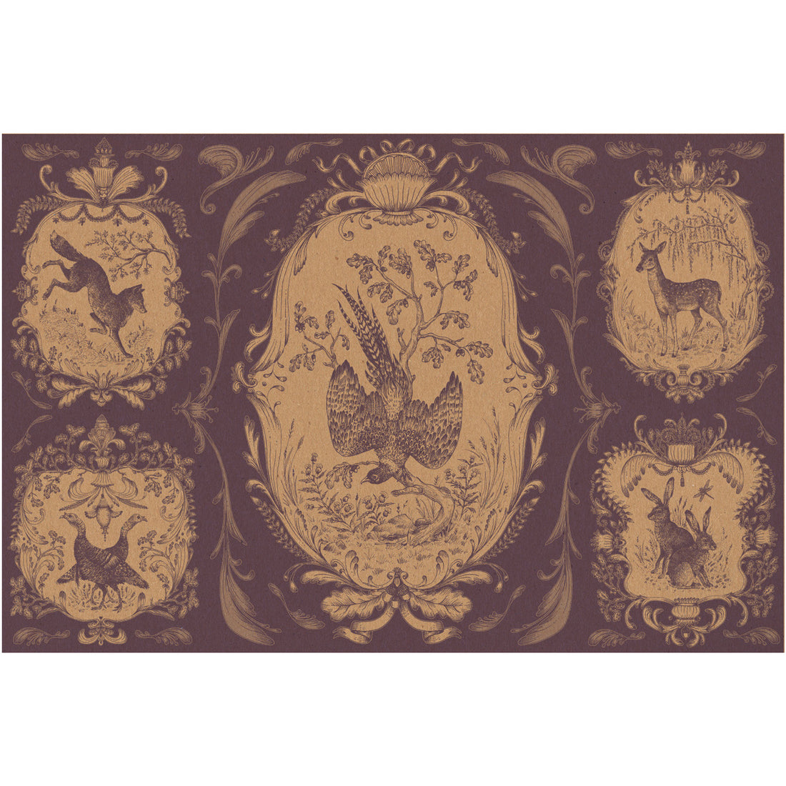 A toile-style illustration featuring detailed filigree around five vignettes containing a fox, two wild turkeys, a deer, two rabbits, and a large pheasant in the middle, all in monochrome deep purple printed on tan kraft paper. 