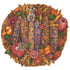 A round, die-cut illustration of a wicker basket full of richly fall-colored flowers, foliage, and six corn cobs of the "glass gem" variety, featuring vibrant yellow, orange, purple and blue kernels. 