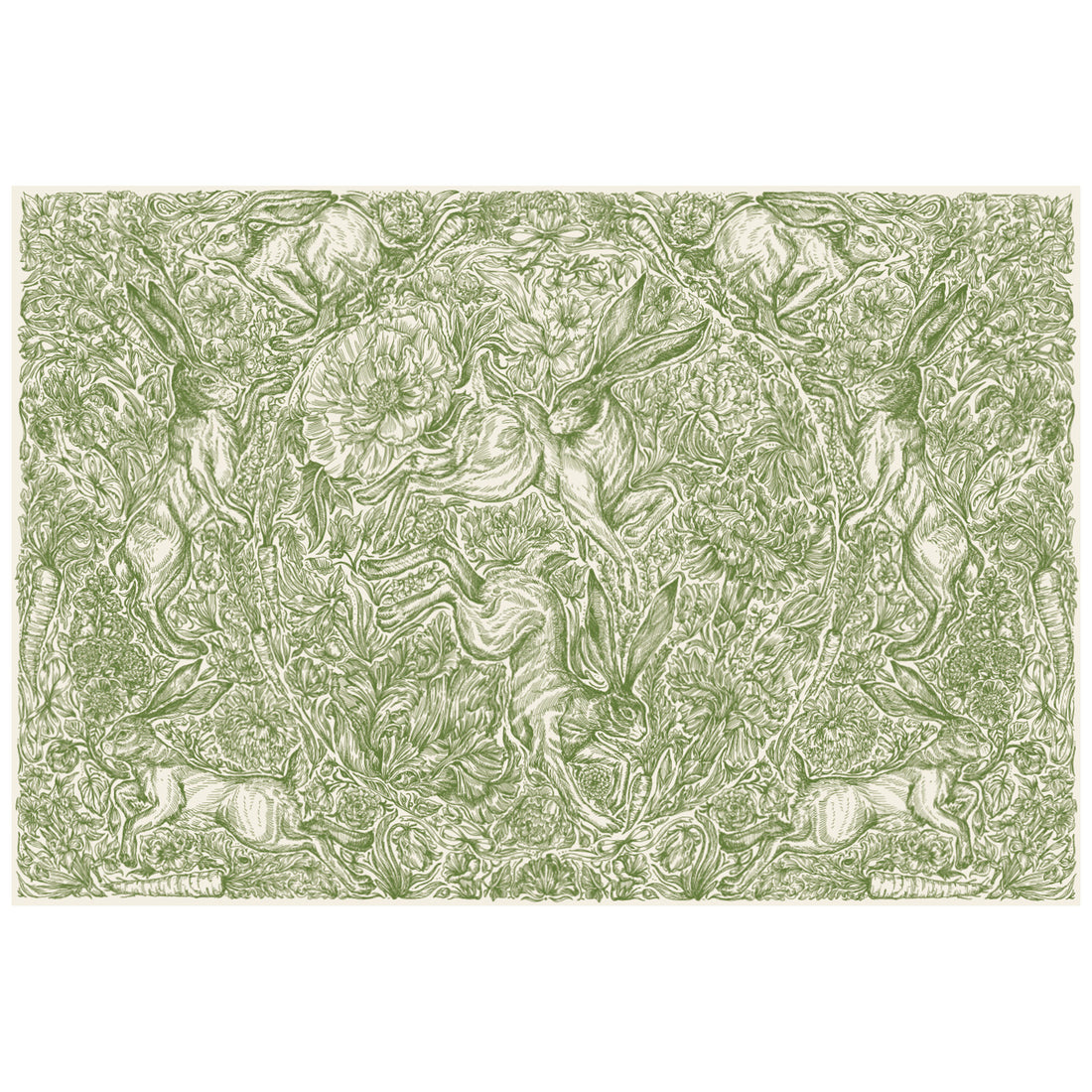 A densely-packed illustration of rabbits, flowers, carrots and foliage, in medium green over white.