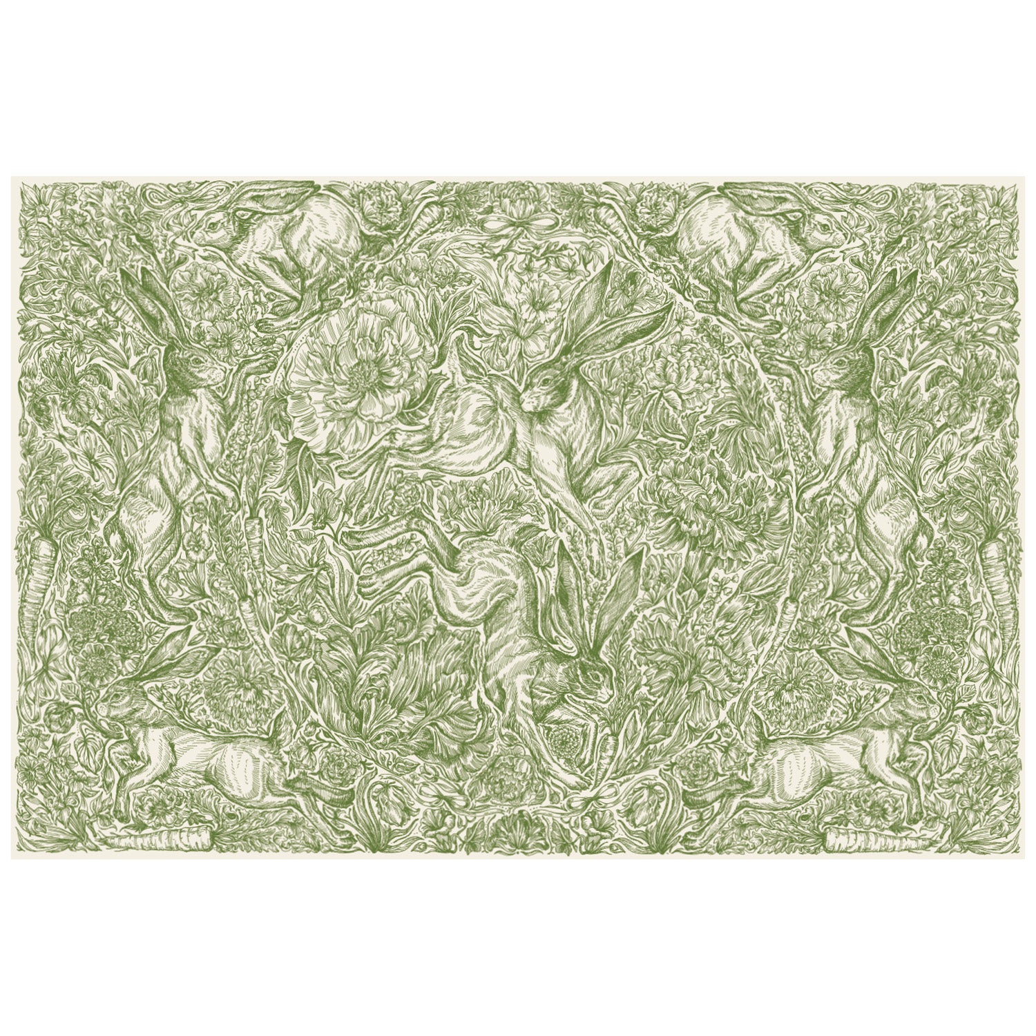 A densely-packed illustration of rabbits, flowers, carrots and foliage, in medium green over white.
