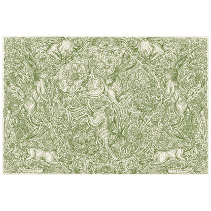 A green and white Hare Promenade Placemat by Hester &amp; Cook depicting an oversized floral design in a magical garden.