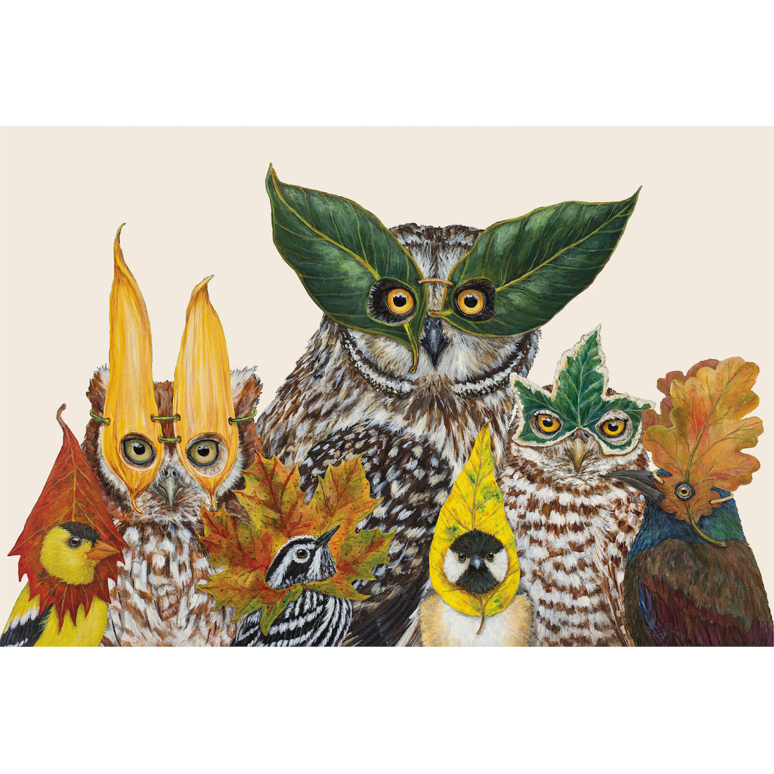 The illustrated faces of seven various birds, each wearing a mask made of different leaves in fall colors or green, on a white background.