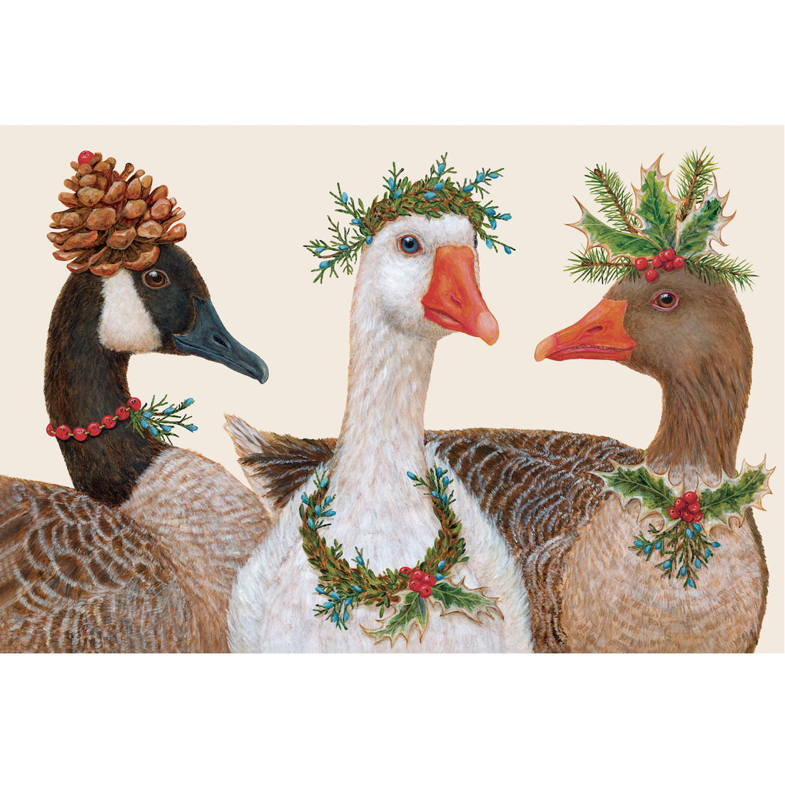 The illustrated faces of three different kinds of geese, each with their heads and necks adorned with winter botanicals, on a cream background.