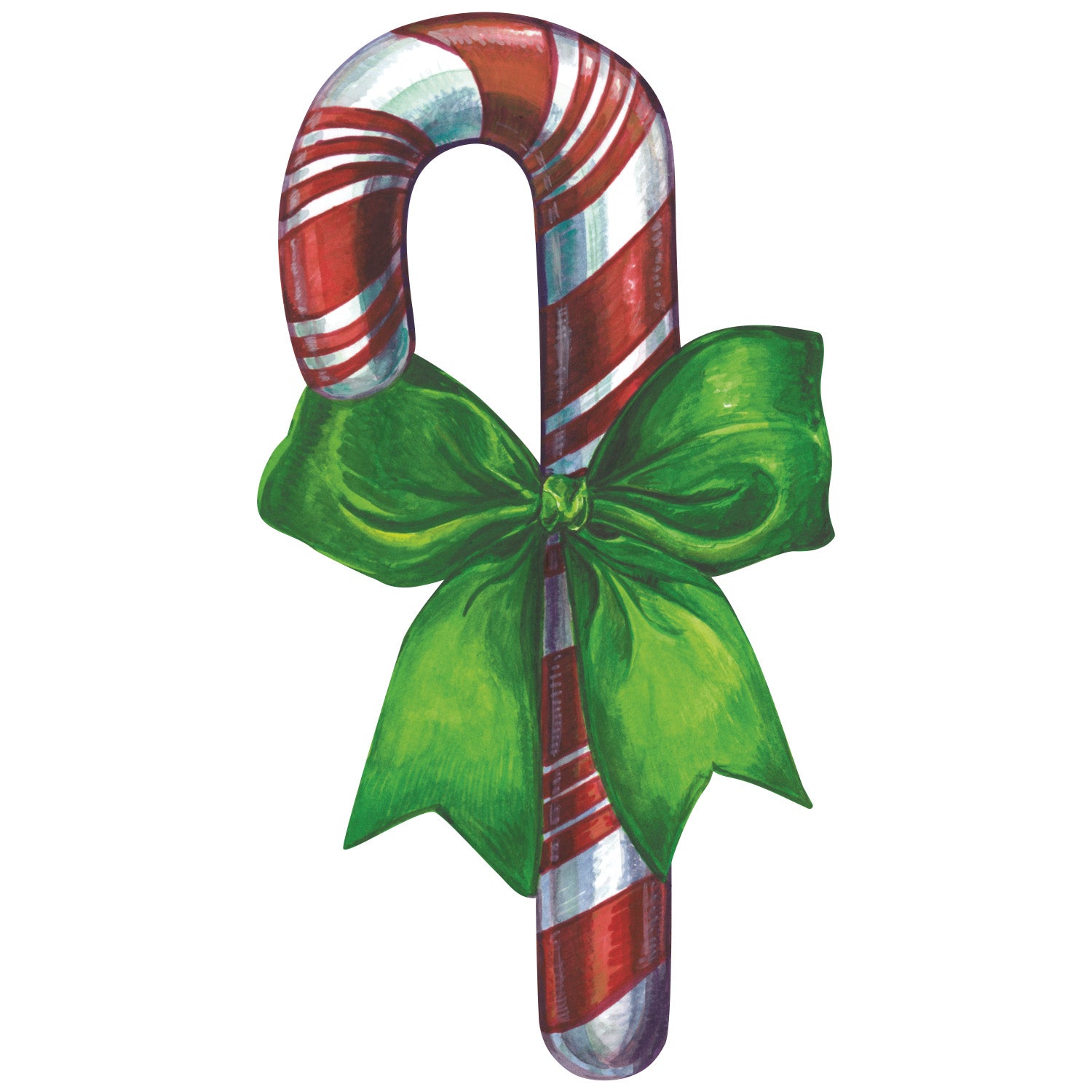 Paper placemat in the shape of an oversized Candy Cane tied with a Green Ribbon