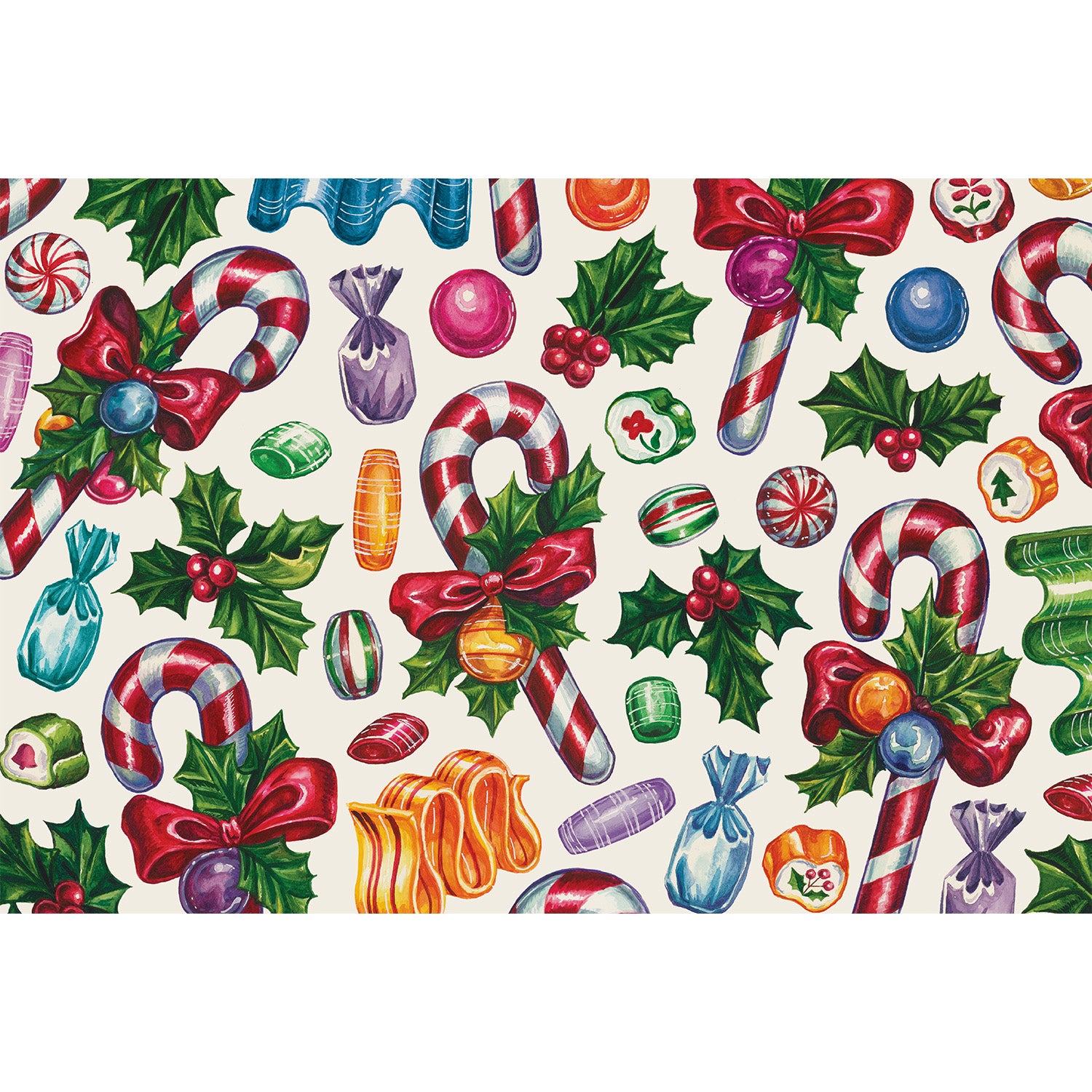 Placemat with white background with candy canes and vintage candy with green sprigs