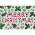 A festive illustration of the words "MERRY CHRISTMAS" spelled with red and white peppermint sticks, surrounded by a scatter of red and green candies and sprigs of holly, on a mint green background. 